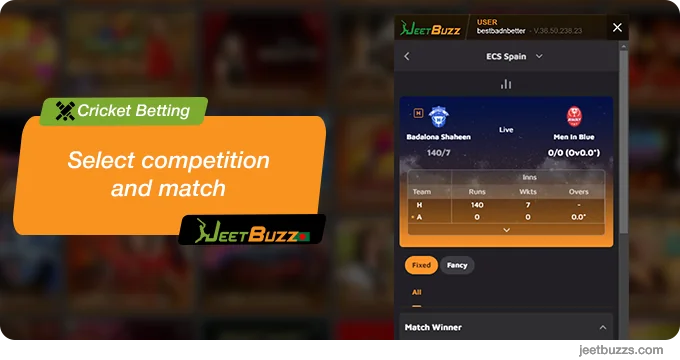 Select cricket competition and match - JeetBuzz999